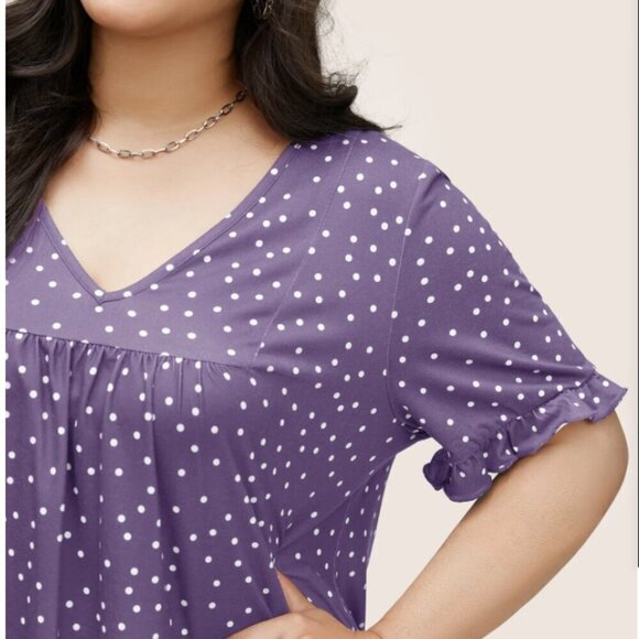 BloomChic Plus Size XL Polka Dot Print Gathered Frill Trim T-shirt us14-16 - Picture 3 of 3